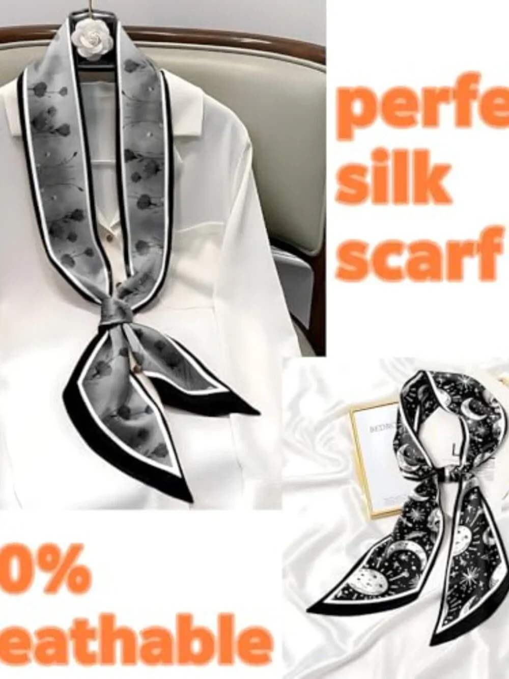 2 Pcs Satin Hair Scarf Silk Feeling Long Neck Tie Headband Handbag Decoration